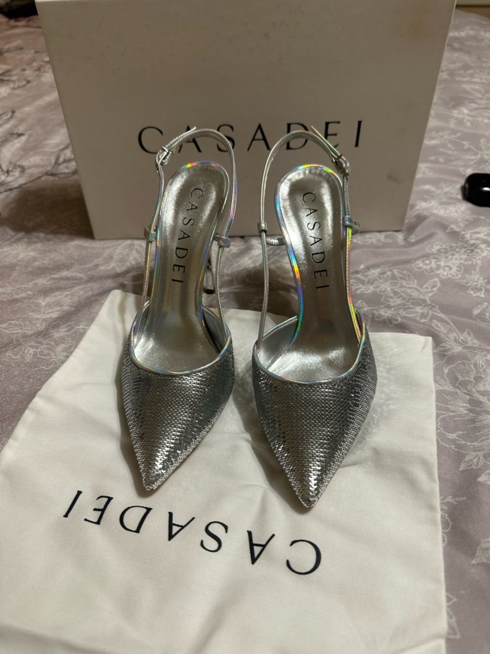 Casadei Iridescent Silver Pointed Slingback Pumps